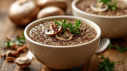 Creamy quinoa soup with mushrooms and parsley garnish