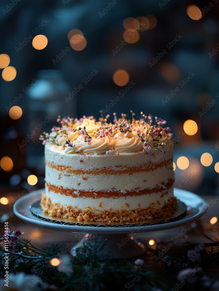 Festive Naked Cake with Floral Decoration Against Sparkling Bokeh Festive Naked Cake with Floral Decoration Against Sparkling Bokeh