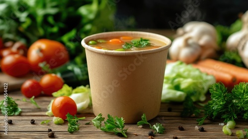 Wallpaper Mural Steaming vegetable soup in disposable cup with fresh ingredients Torontodigital.ca
