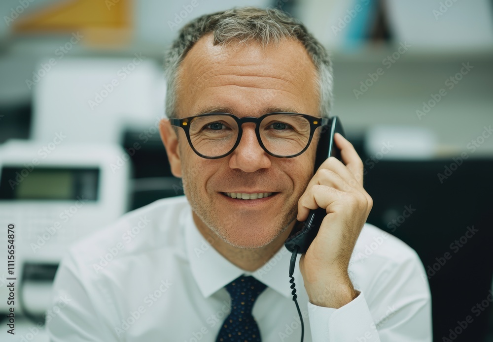 Professional Middle-Aged Man in Office Attire Smiling While Talking on a Phone in a Modern Workspace with Technology and Stationery in the Background Professional Middle-Aged Man in Office Attire Smiling While Talking on a Phone in a Modern Workspace with Technology and Stationery in the Background