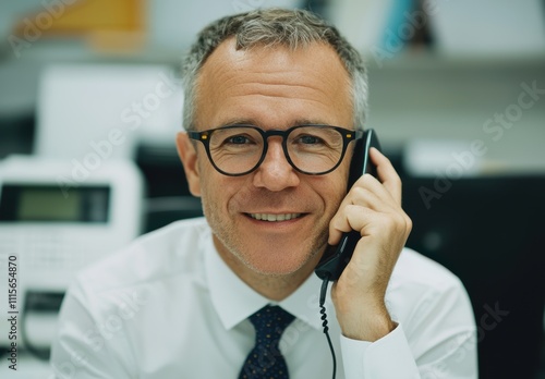 Professional Middle-Aged Man in Office Attire Smiling While Talking on a Phone in a Modern Workspace with Technology and Stationery in the Background