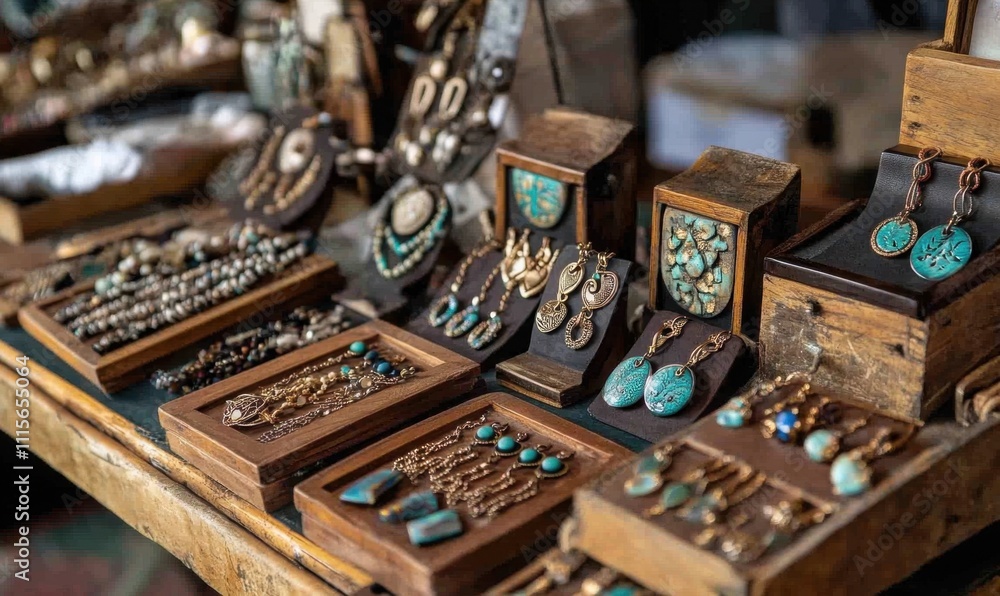 A collection of intricate jewelry displayed on wooden stands. A collection of intricate jewelry displayed on wooden stands.