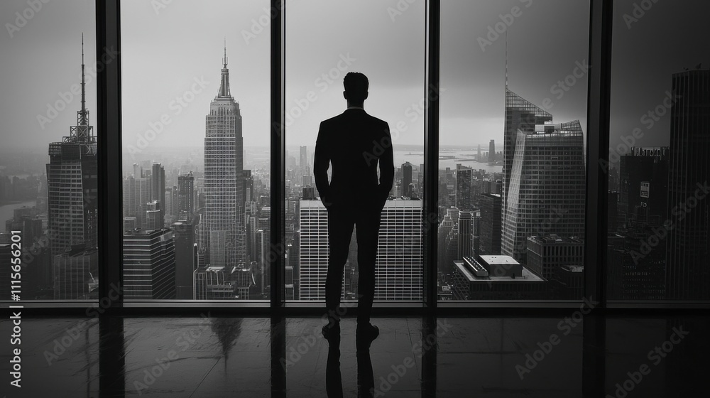 A silhouette of a confident professional standing in front of a floor-to-ceiling window overlooking a city skyline in black and white A silhouette of a confident professional standing in front of a floor-to-ceiling window overlooking a city skyline in black and white