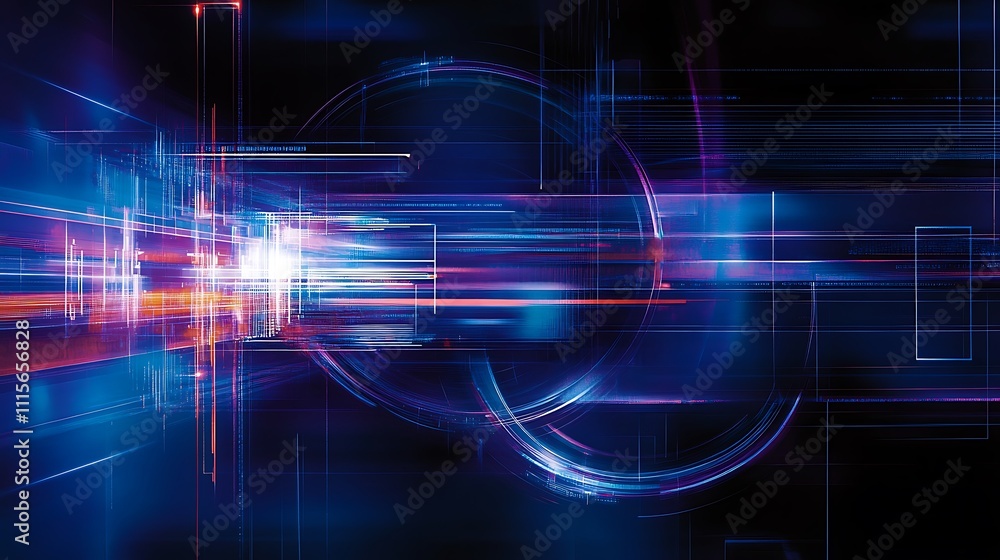 Obraz premium Abstract Digital Background with Bright Light Streaks and Geometric Shapes in Dynamic Motion Blue and Orange
