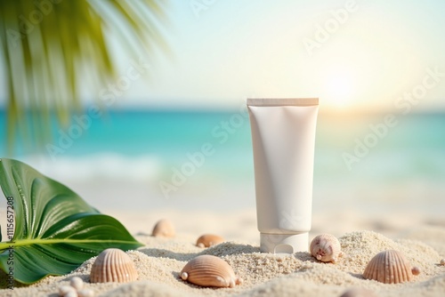 Tropical Beach Themed Sunscreen Tube Mockup photo