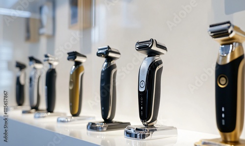 A row of shaving razors and beard trimmers neatly arranged, showcasing sleek, modern designs for grooming. The razor blades and handles are displayed in a line, emphasizing their professional and prac photo