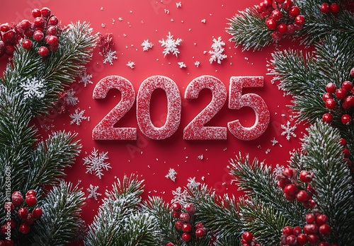  Happy New Year 2025 on Red Background with Snowflakes and Red Number