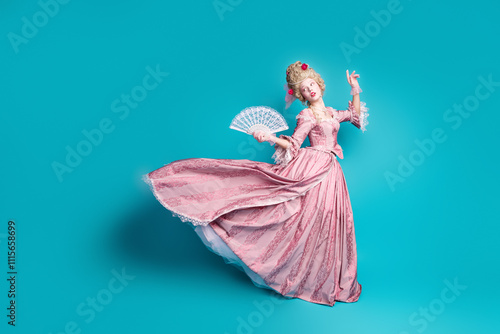 Foto Photo of charming duchess romantic lady wear corset dance ball gown hold fan emp
