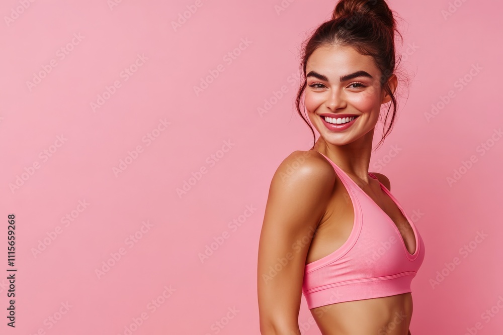 Fototapeta premium A woman in a crop top and shorts lays on her back on pink
