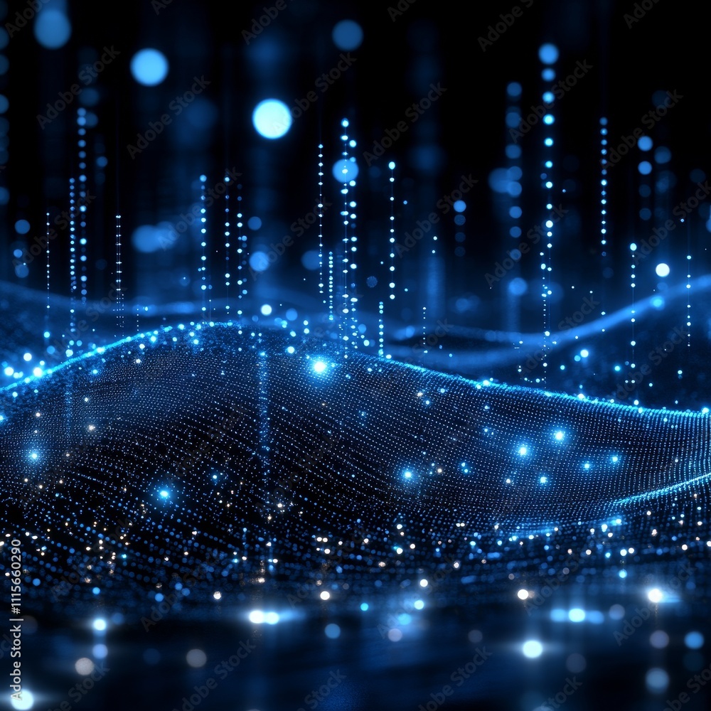 Obraz premium Abstract Digital Wave of Binary Code Particles on Dark Background, Futuristic Technology Concept