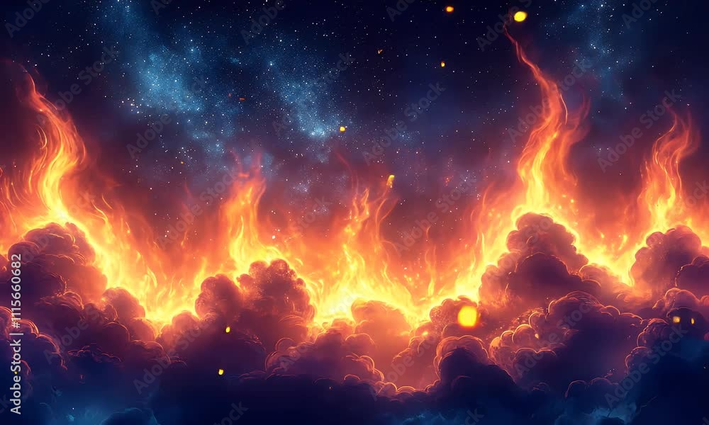 Fiery clouds ablaze against a starry night sky. Fiery clouds ablaze against a starry night sky.