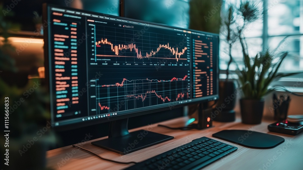 modern office with a large digital screen displaying complex financial data, investment graphs, and business strategy insights, representing a modern investment firm