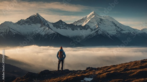 A male climber stands on the top of a mountain and looks at the yet unconquered peaks. photo