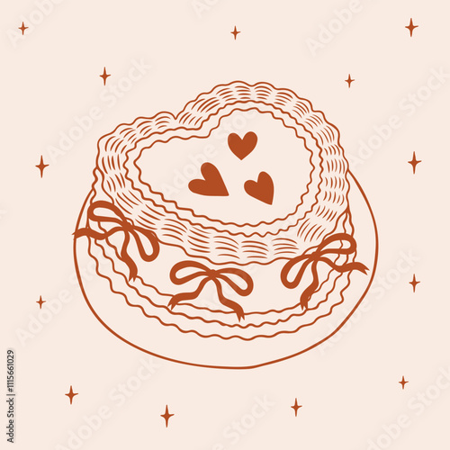 Vintage heart shaped cake in coquette aesthetics with ribbon bows and hearts. Element for wedding, party, birthday, Valentine's day. 