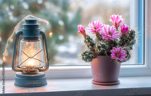 Schlumberger. Blooming pink cactus on the windowsill and a lantern. photo