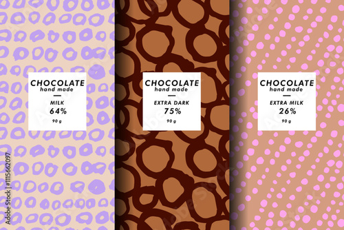 Vector set of templates contemporary abstract cover and patterns for chocolate and cocoa packaging with labels. Minimal modern backgrounds