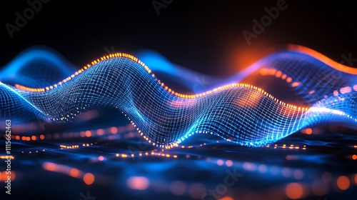 Abstract Digital Wave Patterns with Glowing Lights and Network Structure in Blue and Orange Tones