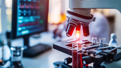 Pharmacologists testing drug compounds in a laboratory, with monitors and charts photo