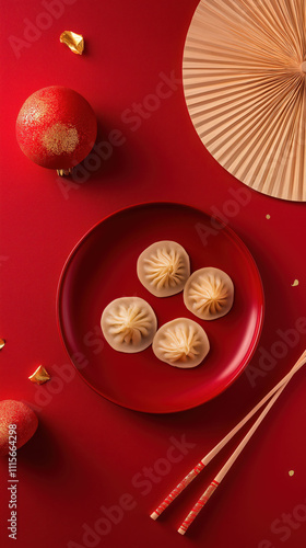 Traditional chinese dumplings with chopsticks on red background photo