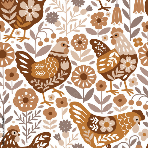Seamless vector pattern with Scandinavian floral hen and summer flowers. Hand drawn floral background with chickens. Perfect for textile, wallpaper or nursery print design. EPS10 vector file.