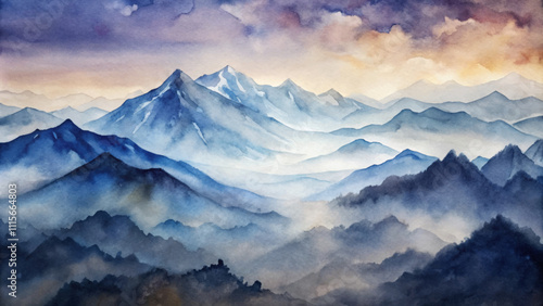 A painting of mountains with a blue sky in the background