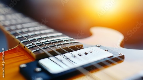 Detailed closeup the exquisite craftsmanship of a guitar neck, fretboard, and strings