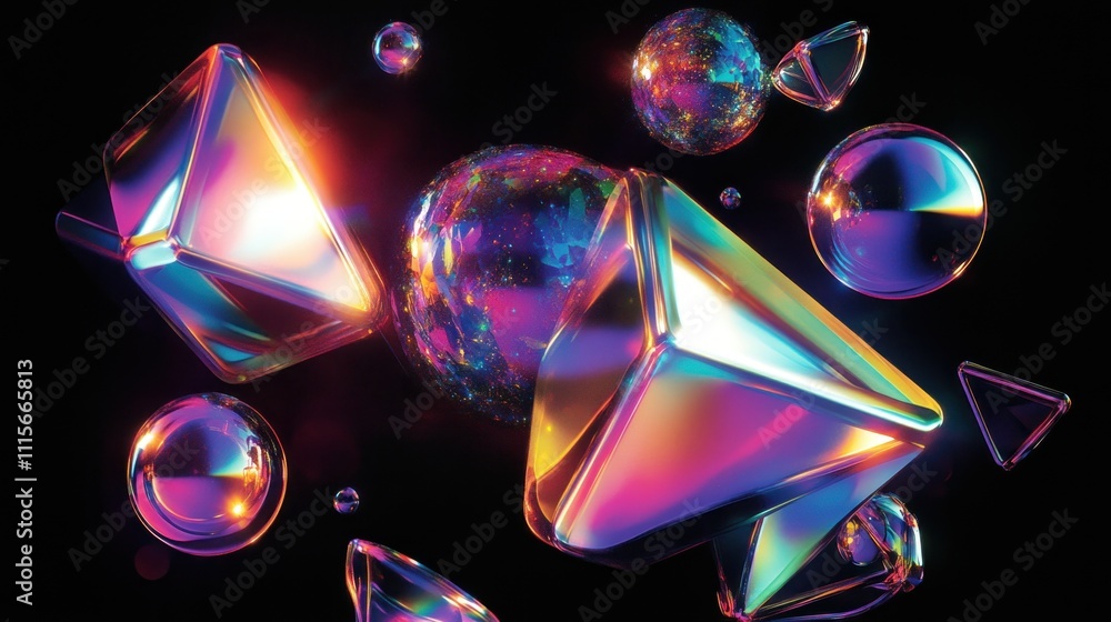 Iridescent geometric shapes and spheres float in dark space. Iridescent geometric shapes and spheres float in dark space.