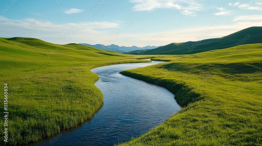 Obraz premium Serene Landscape with Meandering River and Rolling Green Hills Under a Clear Blue Sky