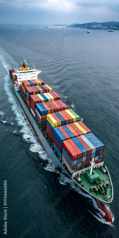 Fototapeta premium Cargo Vessel Approaching Port with Multicolored Containers
