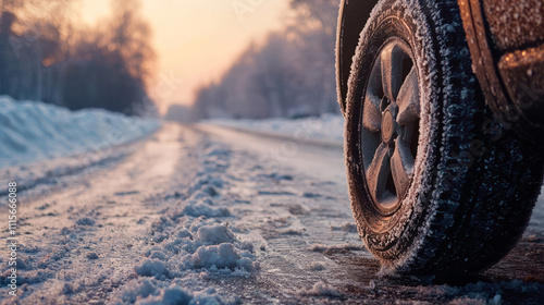 Car tire on snowy road during winter sunrise