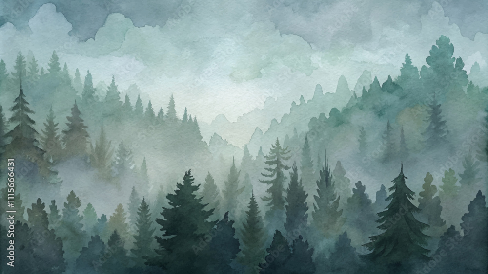 Fototapeta premium A painting of a forest with trees and a misty sky