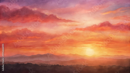 A painting of a sunset with a mountain range in the background