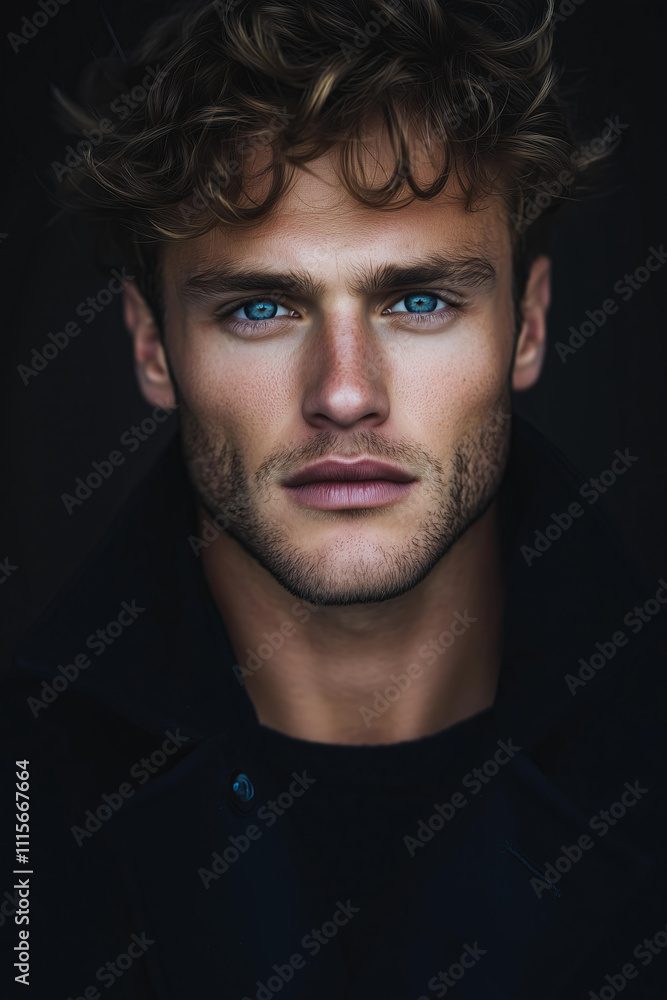 Obraz premium Headshot of a handsome, muscular man , wavy blond hair and blue eyes, a serious expression, against a dark background with soft lighting, facing forward, strong jawline . He is wearing a black coat 