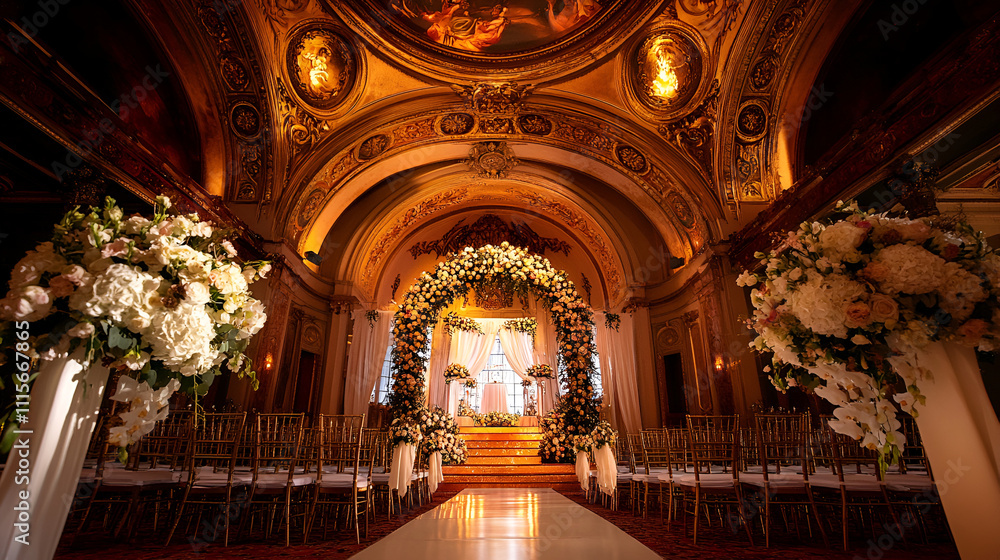 Fototapeta premium Empty church decorated with flowers for a ceremony,Beautiful decor of white flowers in church for a wedding ceremony,Interior of a wedding hall decorated with chairs and white flowers