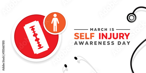 Self Injury Awareness Day. People, razor and stesthoscope. Great for cards, banners, posters, social media and more. White background.  