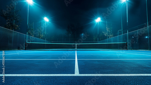 Empty tennis court illuminated by bright evening floodlights