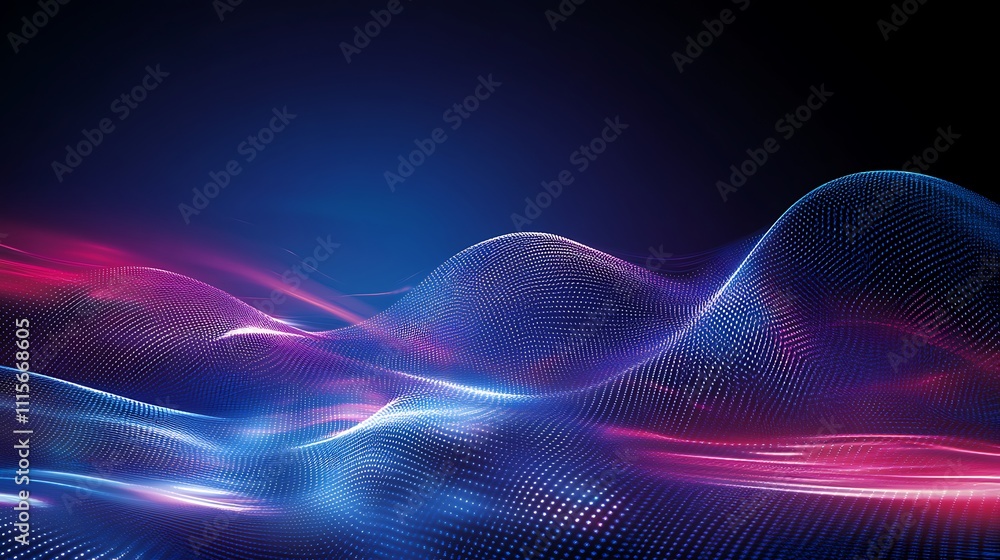 Fototapeta premium Abstract Waves of Light in Blue and Pink Colors, Creating a Digital Landscape with Depth and Motion