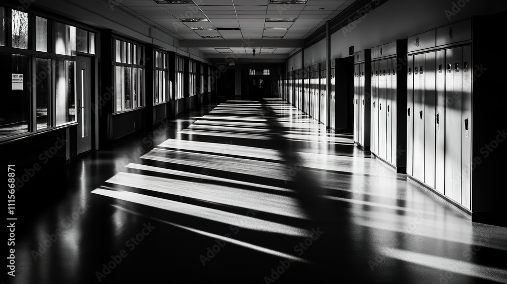Fototapeta premium Empty school hallway, a silent testament to the passage of time and the fleeting nature of youth, where memories of laughter and learning linger in the air, waiting to be rediscovered.