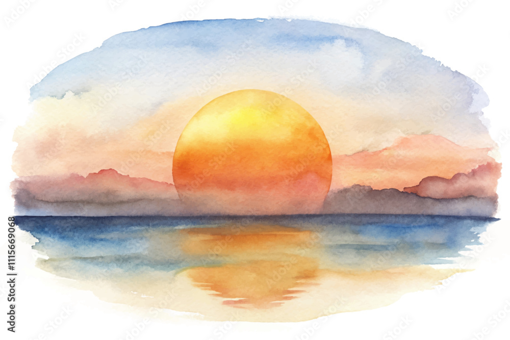 Obraz premium A watercolor painting of a sunset with a large yellow sun in the center