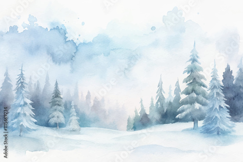 A painting of a snowy forest with trees and a sky