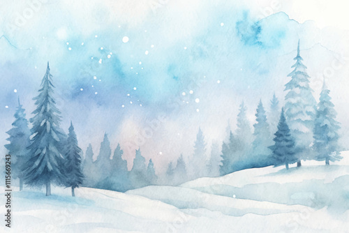 A painting of a snowy forest with trees and a sky