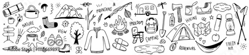 Outdoor adventure doodle set, hiking and camping vector illustrations