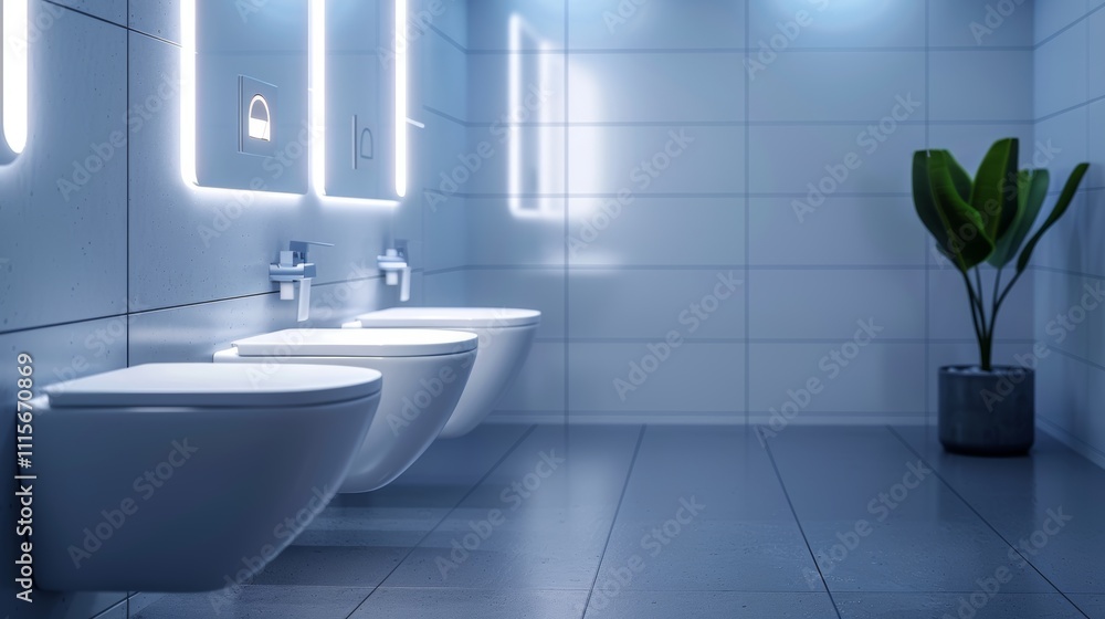 Fototapeta premium Modern restroom interior with illuminated mirrors and green plant under bright lighting in a sleek design