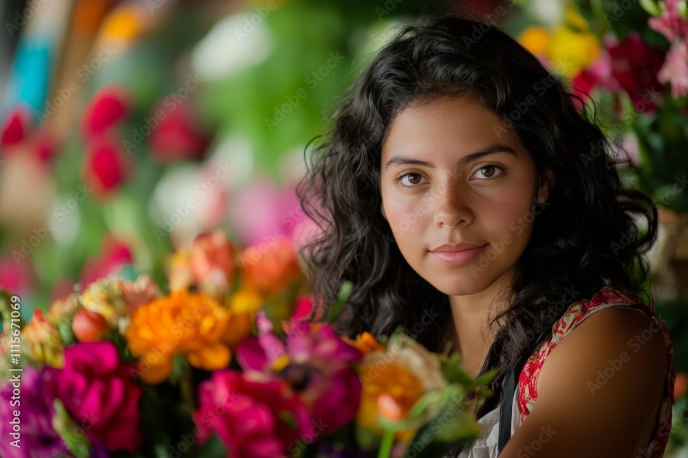 Fototapeta premium A young woman poses naturally among vibrant flowers, reflecting beauty, serenity, and a love for nature, evoking a sense of peace and connection.