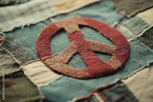 A vibrant peace symbol illustrated with various fabric patches, representing unity and harmony through the lens of textile art and environmental consciousness. photo