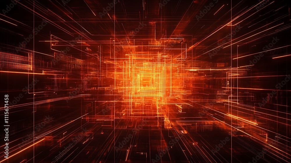Obraz premium Futuristic Abstract Background with Lines and Light Effects in Vibrant Orange and Black for Technological Themes