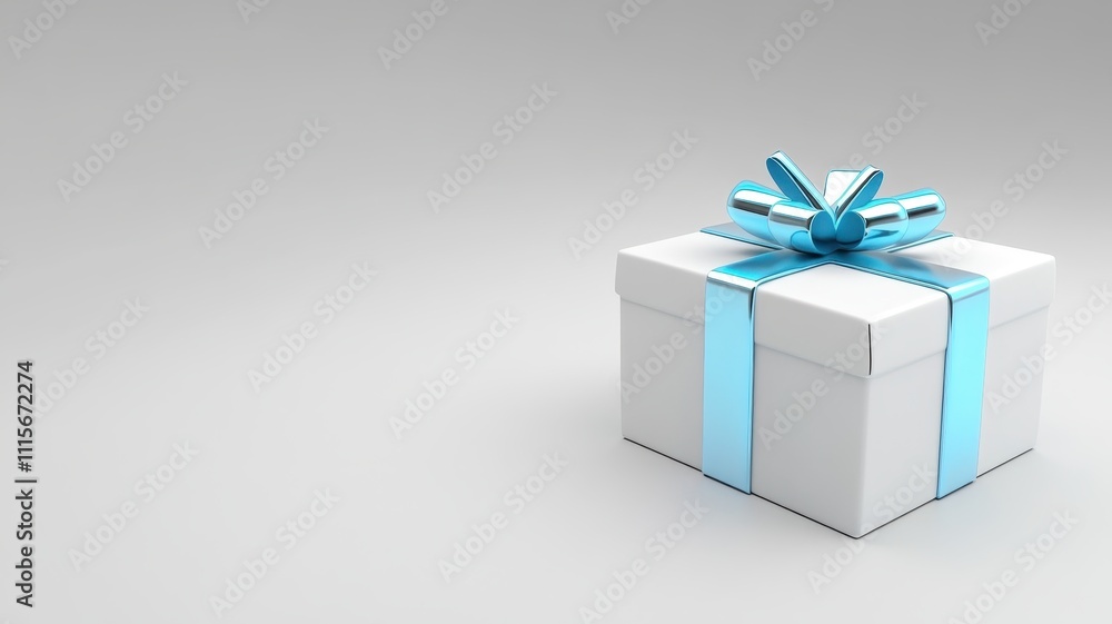 Obraz premium Elegant silver gift box topped with blue ribbon for special occasions minimalistic design studio setting