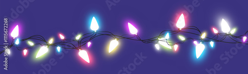 Colorful string lights on purple background with glowing bulbs and sparkling effects.
