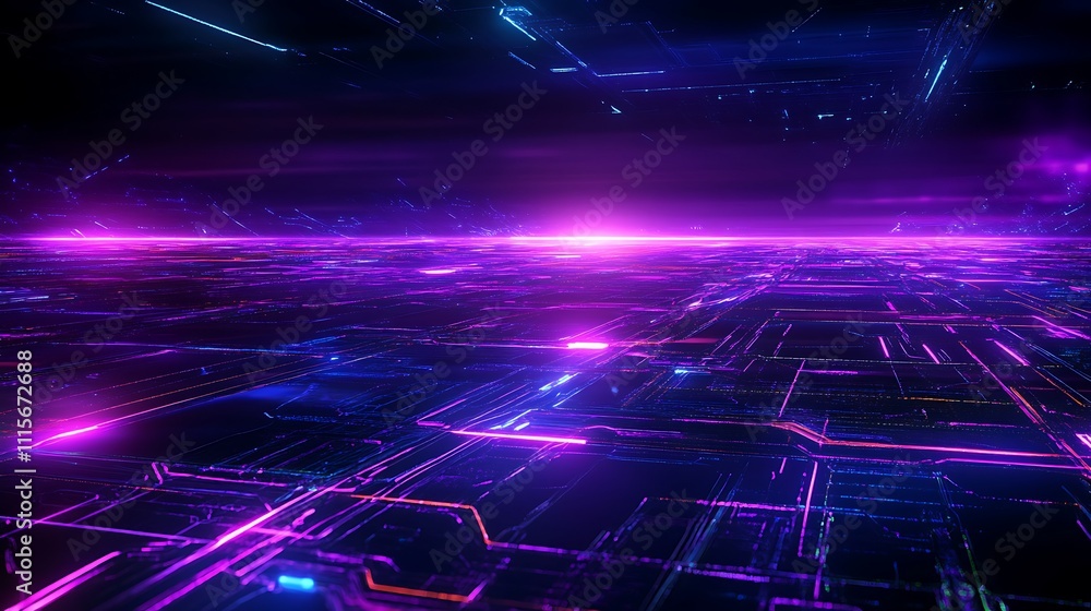 Obraz premium Futuristic Abstract Digital Landscape with Neon Lights and Glowing Lines in a High-Tech Environment