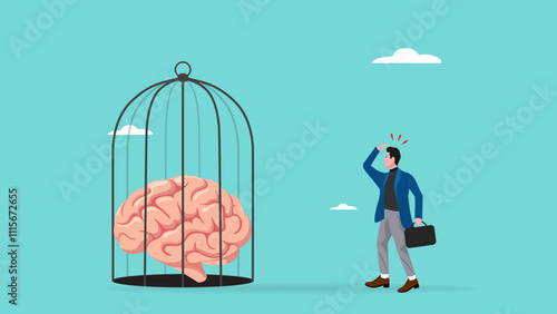 thinking traps, Negative Thought Patterns That Keep You Stuck, Stressed and Anxious, social issue, confused man with a brain trapped in a cage illustration